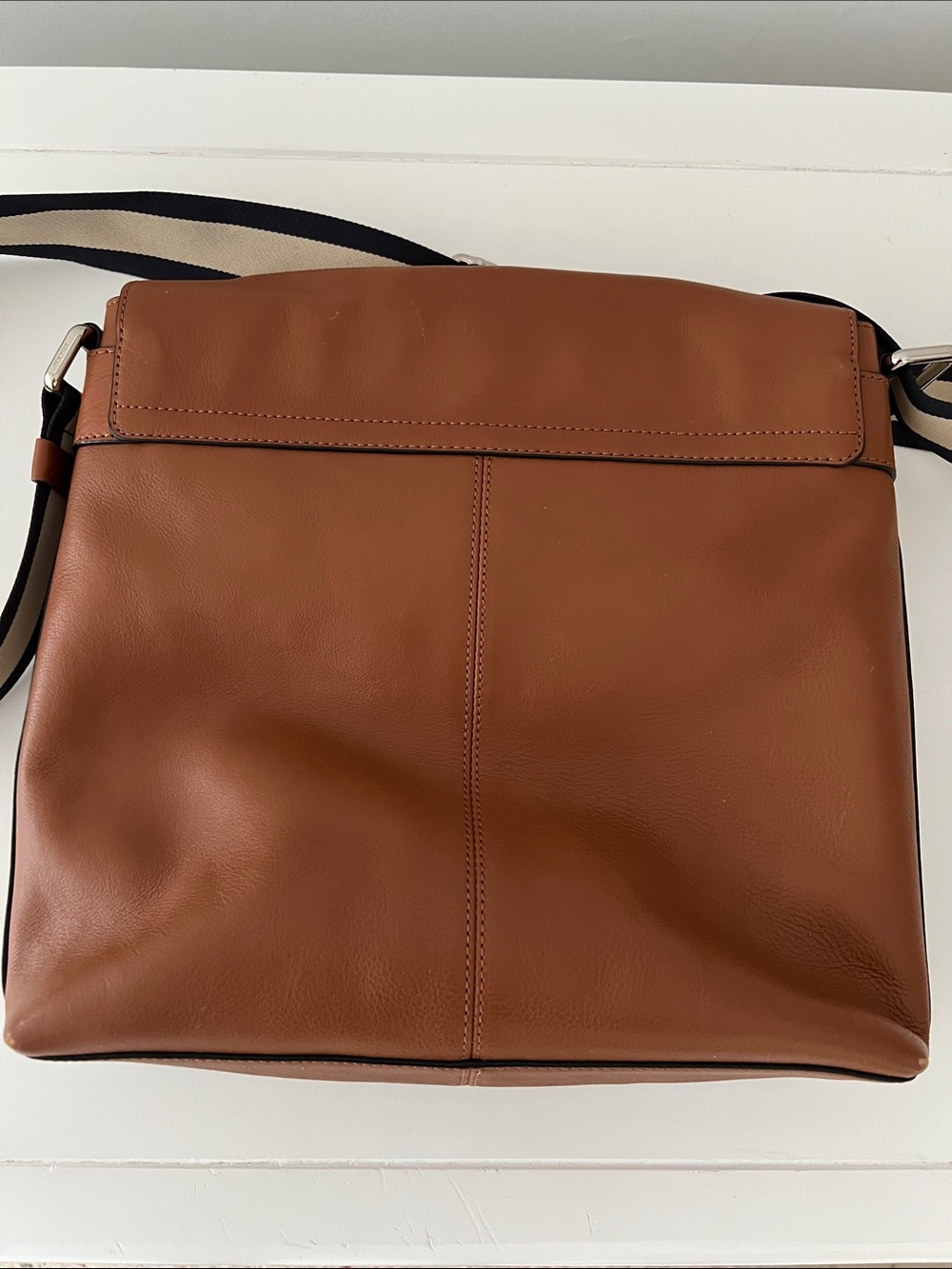 COACH Tan Brown Leather Messenger Bag with Striped Webbing Strap - Picture 6 of 9
